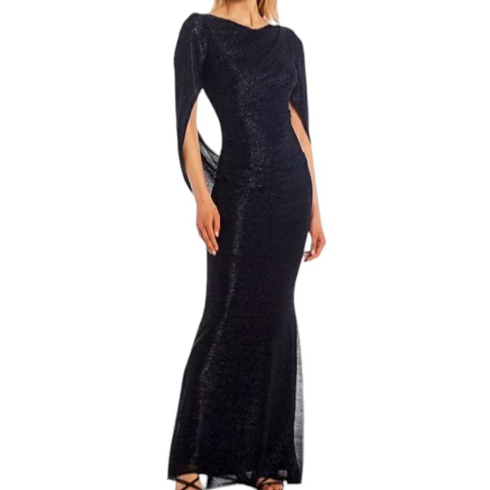 Betsy & Adam navy metallic drape back long dress size 12